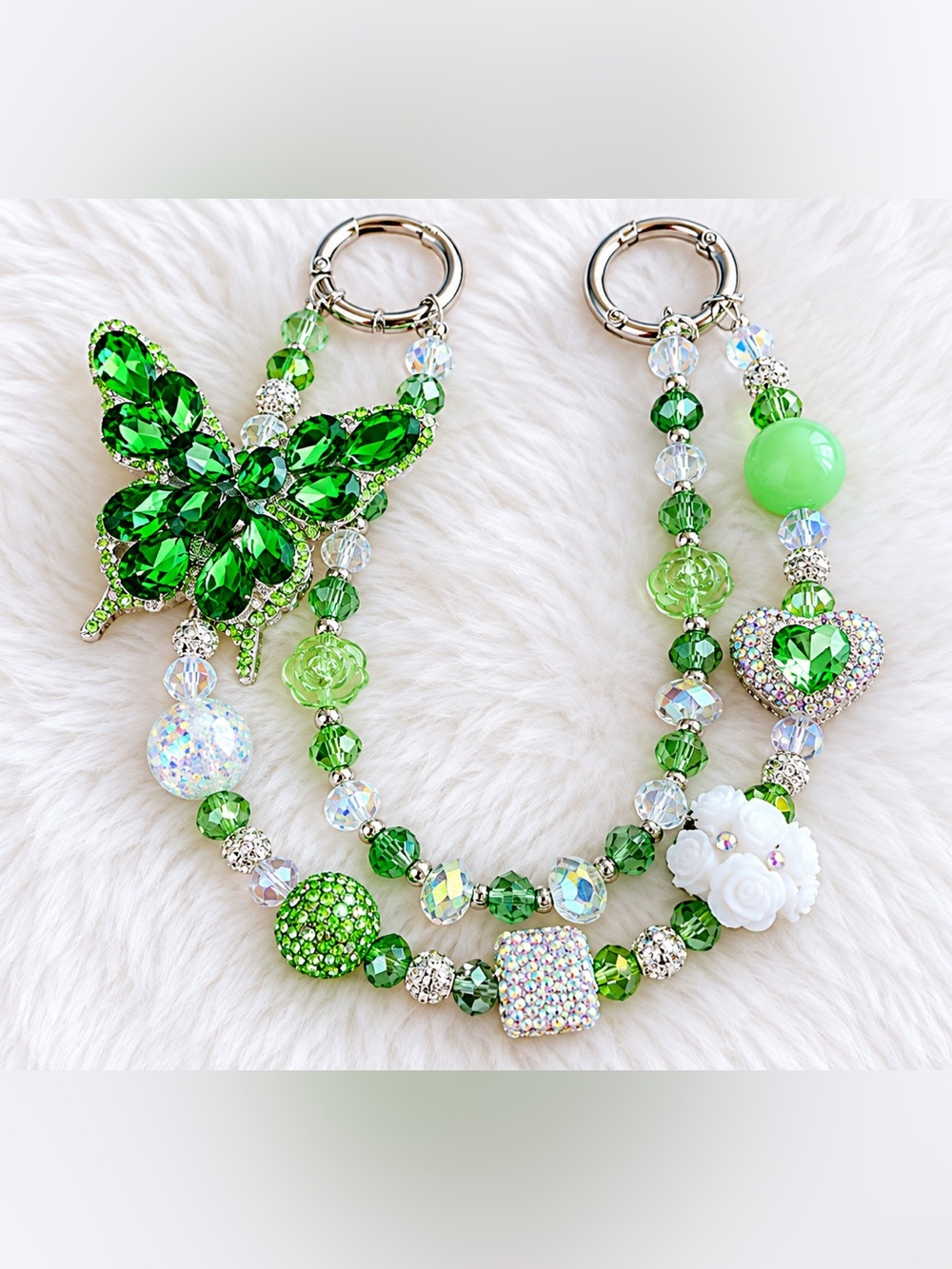 Green Crystal Butterfly heart Statement bag charm